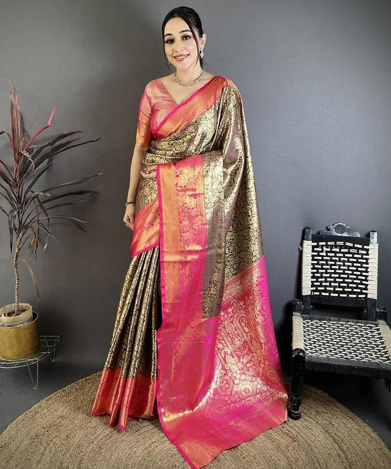 black -pink color kanjivaram silk blend flower zari woven saree with blouse