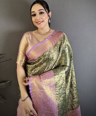 mehendi color kanjivaram silk blend flower zari woven saree with blouse 4