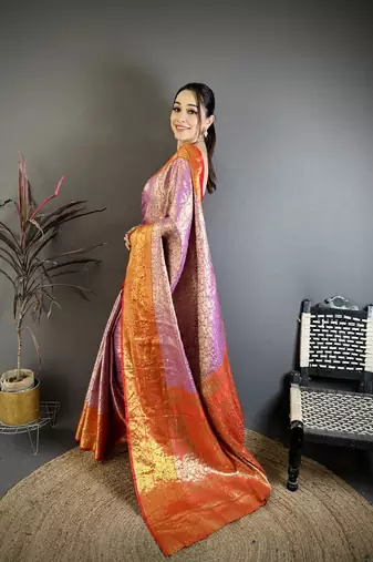 levender color kanjivaram silk blend flower zari woven saree with blouse
