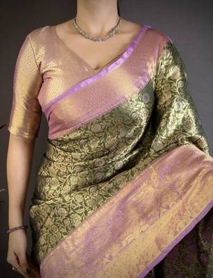 mehendi color kanjivaram silk blend flower zari woven saree with blouse 5