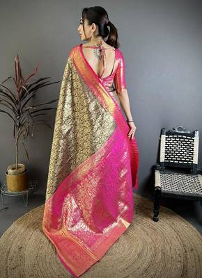 black -pink color kanjivaram silk blend flower zari woven saree with blouse 2