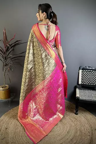 black -pink color kanjivaram silk blend flower zari woven saree with blouse