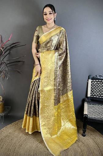 black -yellow color kanjivaram silk blend flower zari woven saree with blouse