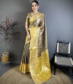 black -yellow color kanjivaram silk blend flower zari woven saree with blouse