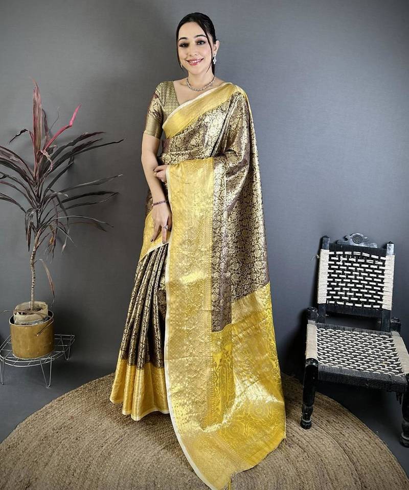 black -yellow color kanjivaram silk blend flower zari woven saree with blouse