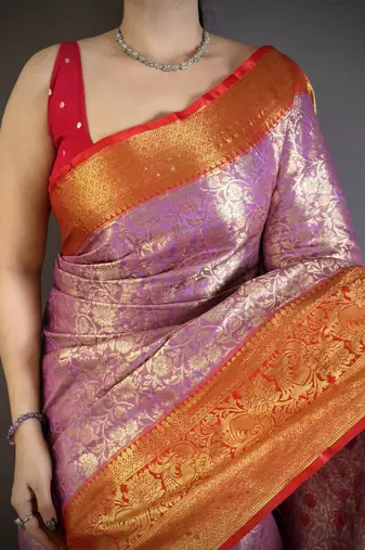 levender color kanjivaram silk blend flower zari woven saree with blouse