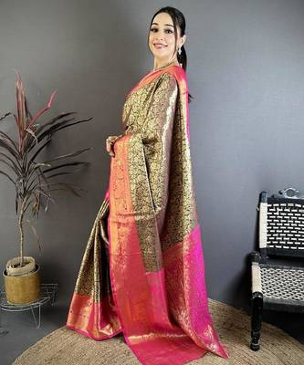 black -pink color kanjivaram silk blend flower zari woven saree with blouse 3