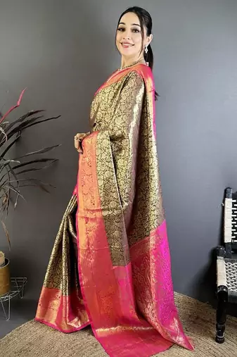 black -pink color kanjivaram silk blend flower zari woven saree with blouse