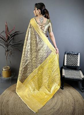black -yellow color kanjivaram silk blend flower zari woven saree with blouse 2