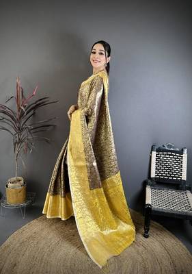 black -yellow color kanjivaram silk blend flower zari woven saree with blouse 3