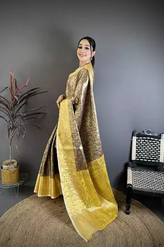 black -yellow color kanjivaram silk blend flower zari woven saree with blouse