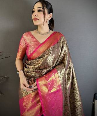 black -pink color kanjivaram silk blend flower zari woven saree with blouse 4
