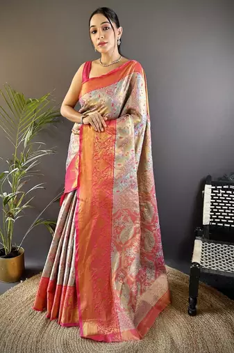 sky blue color kanjivaram silk blend jacquard zari woven sarees