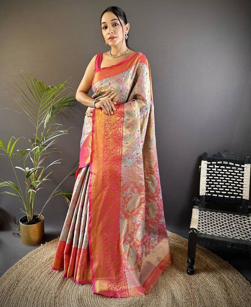 sky blue color kanjivaram silk blend jacquard zari woven sarees