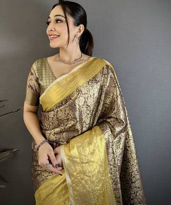 black -yellow color kanjivaram silk blend flower zari woven saree with blouse 4
