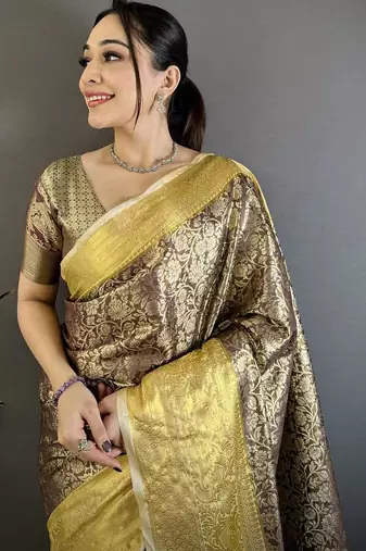 black -yellow color kanjivaram silk blend flower zari woven saree with blouse
