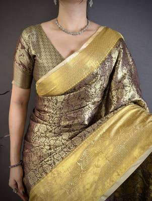 black -yellow color kanjivaram silk blend flower zari woven saree with blouse 5