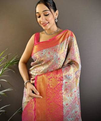 sky blue color kanjivaram silk blend jacquard zari woven sarees 4