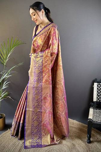 rani pink color kanjivaram silk blend jacquard zari woven sarees