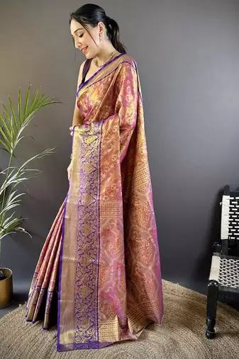 rani pink color kanjivaram silk blend jacquard zari woven sarees