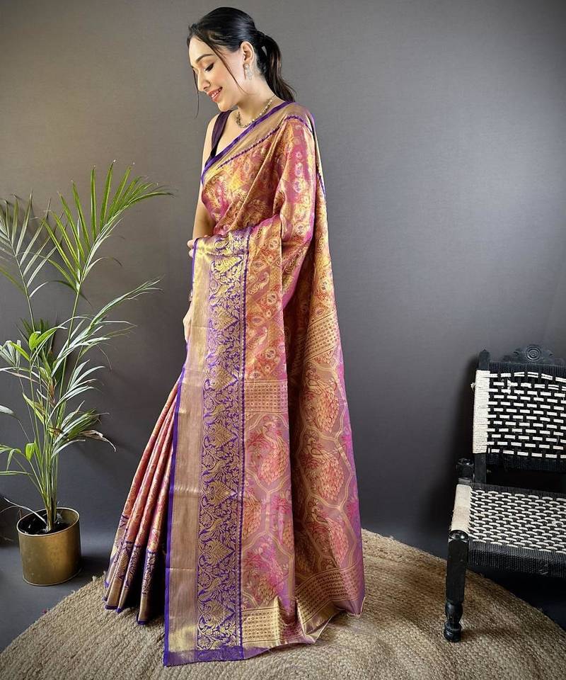 rani pink color kanjivaram silk blend jacquard zari woven sarees