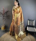 orange color kanjivaram silk blend flower zari woven saree with blouse