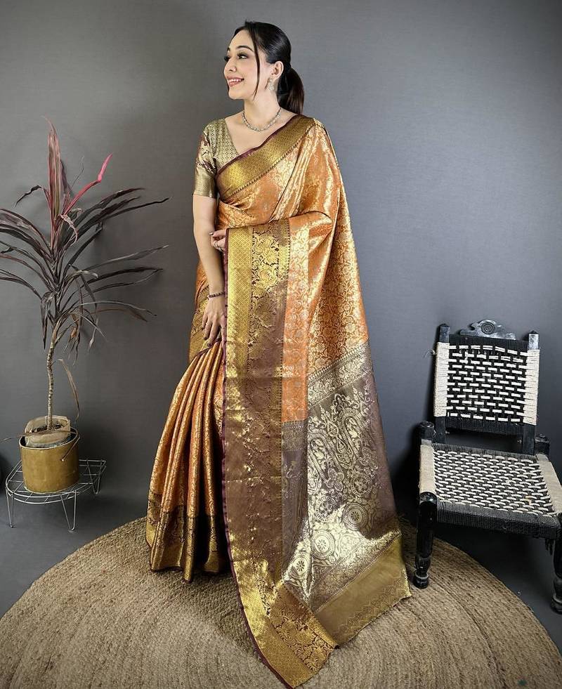 orange color kanjivaram silk blend flower zari woven saree with blouse