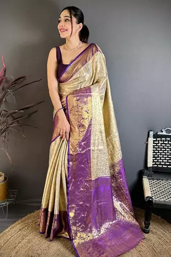 chiku-blue color kanchipuram silk blend flower zari woven saree with blouse
