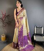 chiku-blue color kanchipuram silk blend flower zari woven saree with blouse