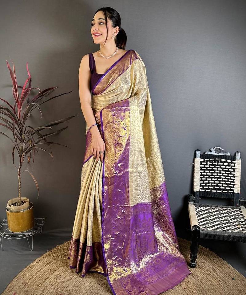 chiku-blue color kanchipuram silk blend flower zari woven saree with blouse