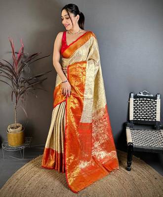 chiku-red color kanchipuram silk blend flower zari woven saree with blouse 1