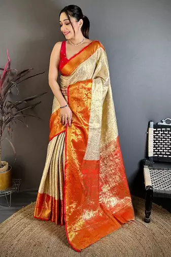 chiku-red color kanchipuram silk blend flower zari woven saree with blouse