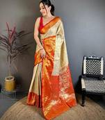 chiku-red color kanchipuram silk blend flower zari woven saree with blouse