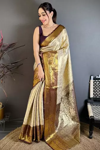 chiku-brown color kanchipuram silk blend flower zari woven saree with blouse