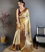 chiku-brown color kanchipuram silk blend flower zari woven saree with blouse