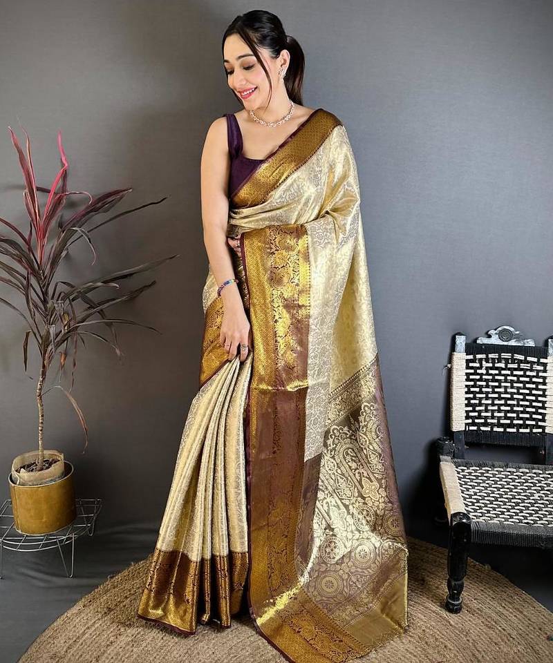 chiku-brown color kanchipuram silk blend flower zari woven saree with blouse