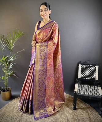 rani pink color kanjivaram silk blend jacquard zari woven sarees 2