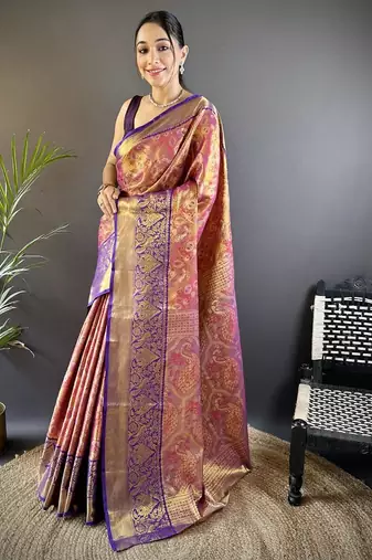 rani pink color kanjivaram silk blend jacquard zari woven sarees