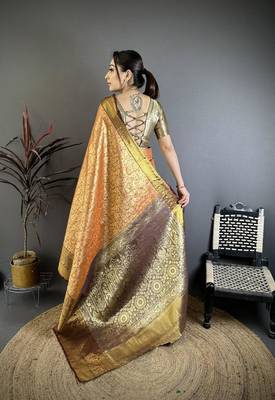 orange color kanjivaram silk blend flower zari woven saree with blouse 2