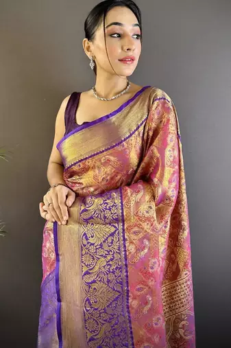 rani pink color kanjivaram silk blend jacquard zari woven sarees