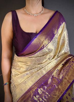 chiku-blue color kanchipuram silk blend flower zari woven saree with blouse 2