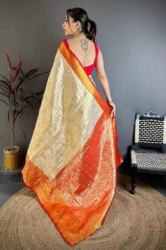chiku-red color kanchipuram silk blend flower zari woven saree with blouse