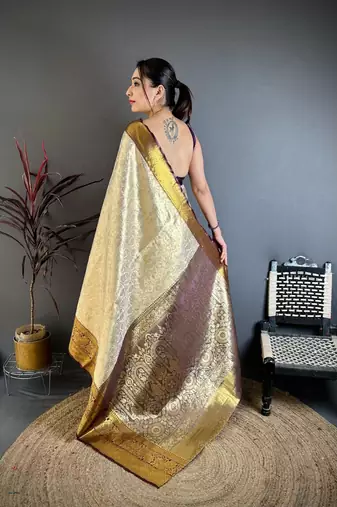 chiku-brown color kanchipuram silk blend flower zari woven saree with blouse
