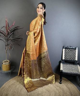 orange color kanjivaram silk blend flower zari woven saree with blouse 3