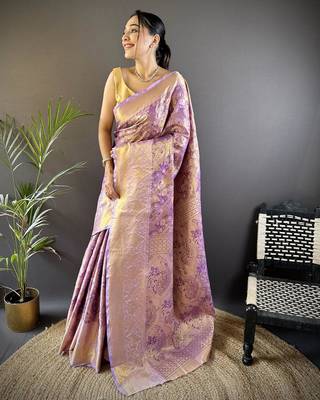 purple color kanjivaram silk blend jacquard zari woven sarees 1