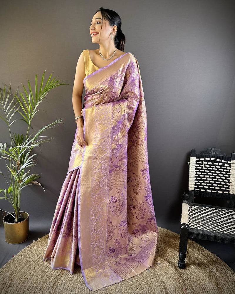 purple color kanjivaram silk blend jacquard zari woven sarees
