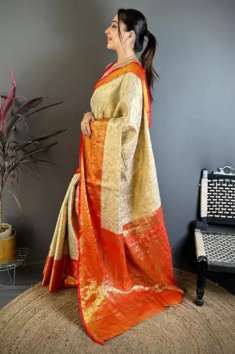 chiku-red color kanchipuram silk blend flower zari woven saree with blouse