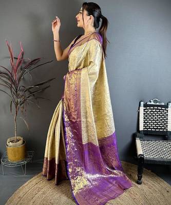 chiku-blue color kanchipuram silk blend flower zari woven saree with blouse 3