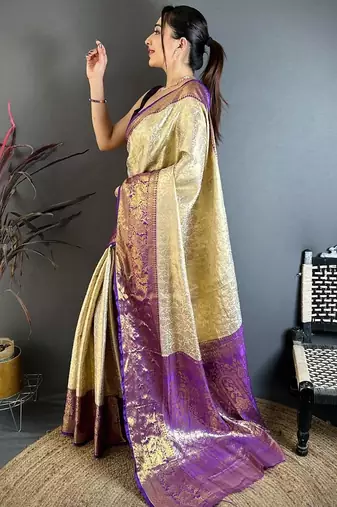 chiku-blue color kanchipuram silk blend flower zari woven saree with blouse