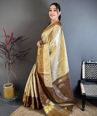 chiku-brown color kanchipuram silk blend flower zari woven saree with blouse 3